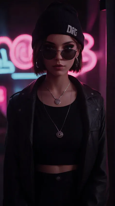 score_9, score_8_up, score_7_up, face close up, alternative girl, watching over black sunglasses, jacket, necklace, neon light reflections on skin, ear ring, makeup, skin imperfection, short hair, beanie, neon lights background, low light, depth of field, ...