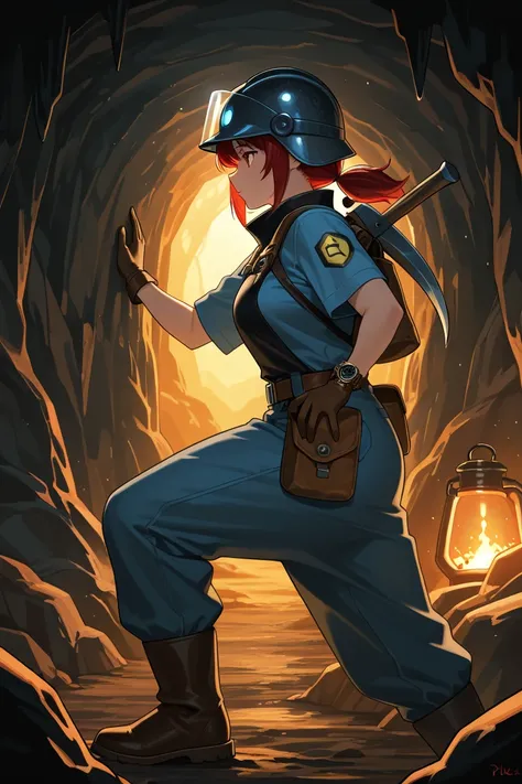  Chibi Character Style ,  masterpiece,  top quality,  great quality,  so beautiful,  high res,  latest, hyper-detailed,  realism,  from side,  intermediate shot,  1 girl,  Low Ponytail Hair , Miner's Uniform ,  Miner's Helmet ,  Installed in a Cave ,  Mine...