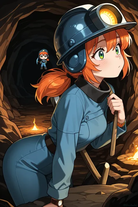  Chibi Character Style ,  masterpiece,  top quality,  great quality,  so beautiful,  high res,  latest, hyper-detailed,  realism,  from side,  intermediate shot,  1 girl,  Low Ponytail Hair , Miner's Uniform ,  Miner's Helmet ,  Installed in a Cave ,  Mine...