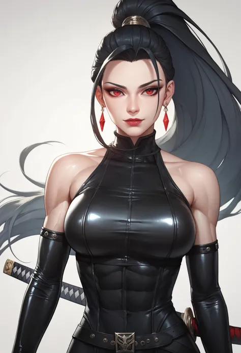 female black sleeveless latex bodysuit, black belt, racerback, bare shoulders, long gloves, black gloves, toned arms, beautiful faces, black ponytail with showing forehead, long ponytail, earrings, soft smooth skin, pale skin, grey background, red eyes, sc...