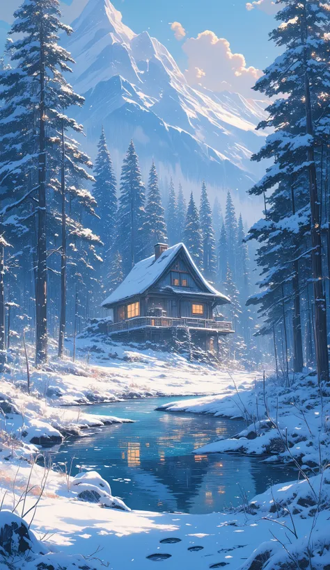 Viral anime nature wallpaper in 4K quality, in the style of digital illustration inspired by Hayao Miyazaki, illustrating a cozy wooden cabin surrounded by a vast snow-covered forest, warm golden lights glowing from within, soft snowflakes falling gently, ...