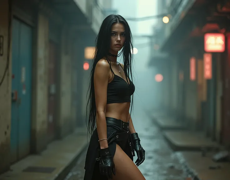 photo of young slender pretty woman in a skirt and boots posing for a picture, cyberpunk 2 0 y. o model girl, seductive cyberpunk dark fantasy, cyberpunk girl, urban fantasy style, beautiful cyberpunk woman model, jet black haired cyberpunk girl, cyberpunk...