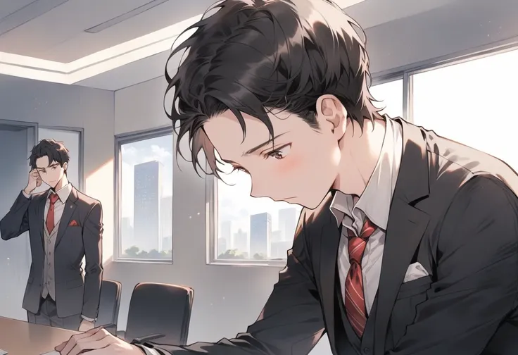 one boy, apologizing, sorry face, male focus, tie, red tie, shirt, black hair, formal, upper body, collared shirt, suit, short hair, white shirt, brown eyes, jacket, conference room, office