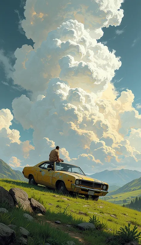 A man, lost in thought, sits on the hood of his worn-out car, parked at the top of a windswept hill. (((The sky is a masterpiece of white clouds edged with gold with a gray background))), each with intricate details. Lush green meadows and distant mountain...