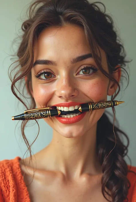 Generate a woman smiling proudly displaying an intricate pen permanently glued between her teeth 