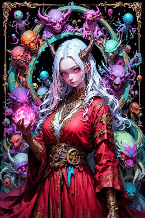    A Woman Using Demons , Long white hair, Strange Eyes （ bright red eyes ),  Crimson Robe Embroidered or Patterned by the Magic Circle , Metallic Accessory （ Rings and Necklaces ）, Sharp Claws, Partially Demonized Body （Horns and wings）, unrealistic, grim...