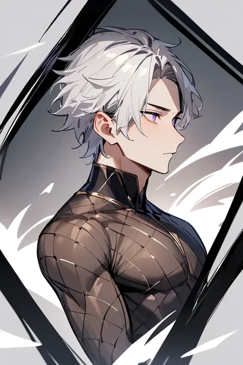 1boy ,  male,  neutral, beautiful,  beautiful,  sexy,  youth,  Silver Hair,  slightly longer,  purple eyes,  thin macho ,  upper body, True Face,  Masterpiece,  top quality,  Very Aesthetic,  Ultra High Resolution