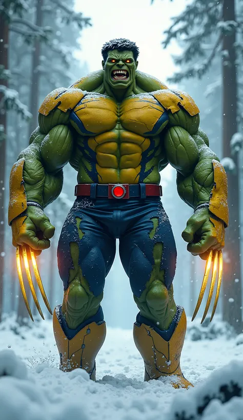 The fusion of Wolverine and Hulk stands at the center of the image, combining Hulk’s massive green-skinned body with Wolverine’s adamantium claws. The claws are extended, gleaming with a polished, bright steel finish, with sharp edges and realistic, ultra-...