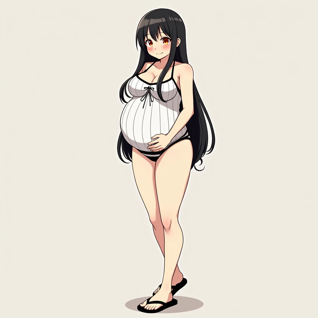 anime girl,long hair, big pregnant, orange eyes, very big breasts,hyper-pregnant girl , the biggest belly , anime style, high resolution, black hair, big breasts, hyper-pregnant girl,full height, smile, big hyper-pregnant belly, hyper-large breasts, white ...