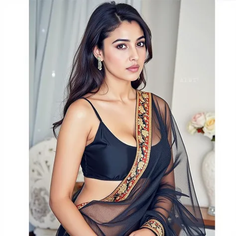 Full body photo portrait of beautiful indian lady in her 30s, looking at viewer, wearing transparent black saree and black sleeveless blouse, modern jewellery, (realistic eyes, symmetric face:0.8) (masterpiece:1.2) (photorealistic:1.2) (bokeh) (best qualit...