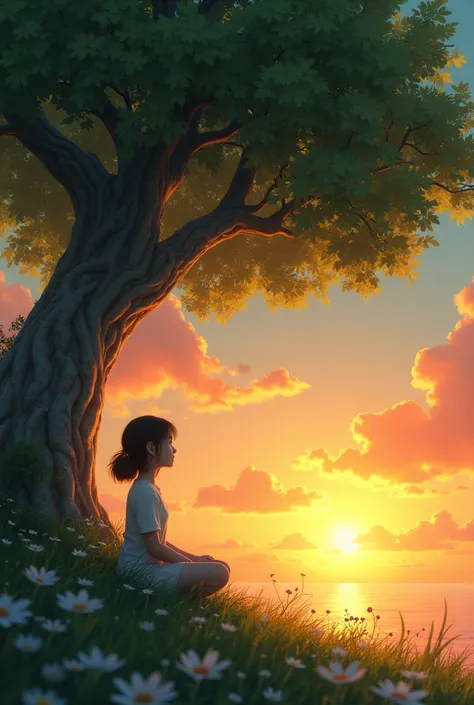 Girl is sitting under the tree to see sunset