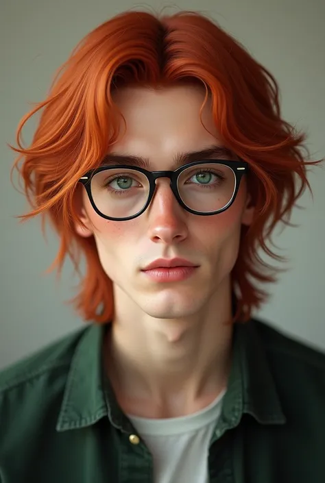  handsome guy, 23 years old, with long red hair below the shoulders,  green eyes, in glasses 