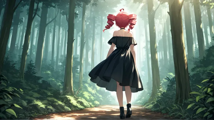 Vibrant, masterpiece, ultra high quality, full body shot, 
" heavy sound teto" wearing a black off-shoulder dress.
Deep within a dense forest, where sunlight filters through.