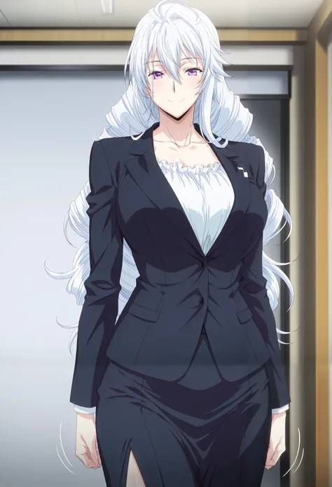 masterpiece, best quality, newest, highres, 1girl, yokota mamoru style,motion lines,Very straight nose,slim, slender face,perfect nose,smile Ritsuka Takesaka,white hair,long hair,rolling hair,purple eyes,suits,shirt,skirt, solo