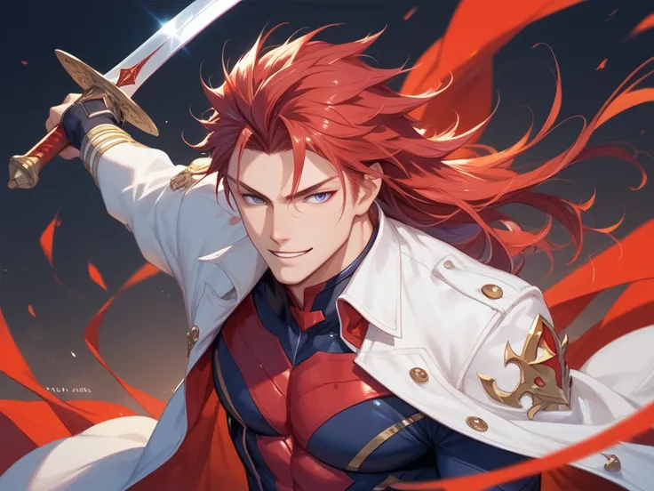 Make me raiden ei  face of man name Jonathan hoshikawa he's strongest general with long red hair and sword red name muramasa he's have no fear against her, make anime style 