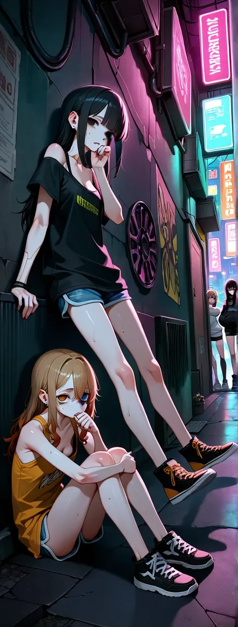 sfw,gyaru,cyberpunk,4- girls,black hair,gradient brown_hair,small breast,[emaciated:1.3],hungry,depressed,cheap_casual_wear,downblouse,Widening one’s eyes,looking at viewer,hugging own legs,sweat,suck own finger,empty eyes,leaning on wall,sit on back alley...