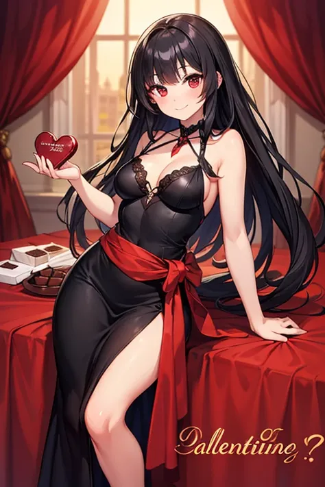  1 beautiful girl　Shows up to the waist　 black hair　 black hair　 long hair　 red eyes　A black long dress with a bewitching smile slit　 valentine　Offer the wrapped chocolate here