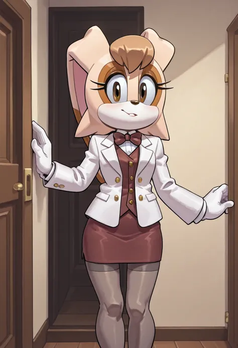 an image of a guy in a white jacket and bow tie is standing in a room, solo, 1girl, bow, bowtie, short hair, brown hair, vest, looking at viewer, indoors,vanilla the rabbit,thick croche wool stockings, grey high stockings, 