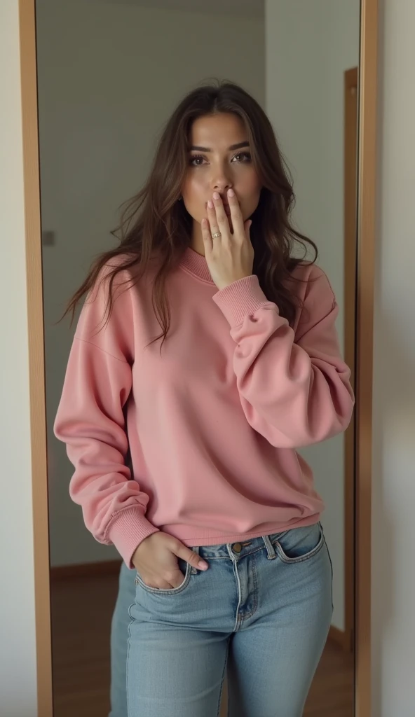  An ordinary woman is in her next room with a large mirror, She wears a long pink sweatshirt and jeans,  she has an expression of amazement and her hand covering her mouth.   This image must be extremely realistic 