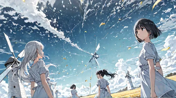 dynamic angle,((3girls)),(1st girl,looking right,silver long hair),(2nd girl,looking left,black hair,ponytail),(3rd girl,looking center,bob cut),on the high hill,one white windmill,over sea