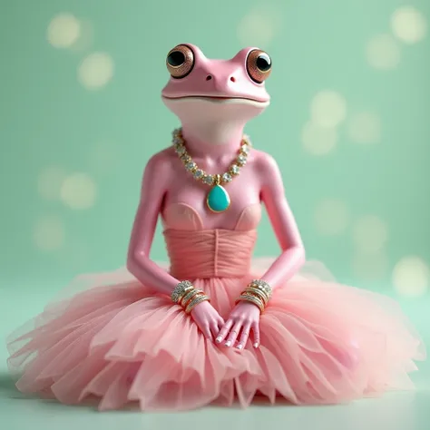 A surreal and highly detailed image of a fully pink-skinned female frog, sitting elegantly in a poised position, wearing a soft pink dress with layers of tulle. She is accessorized with luxurious jewelry, including a turquoise pendant necklace and multiple...