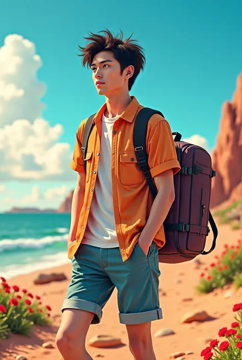 Background like going on a trip , Picture of a Japanese idol man in his 20s, In plain clothes that he wears when he goes on a trip ,a bright atmosphere