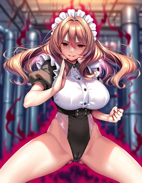 best quality, very aesthetic, absurdres,, very aesthetic

 , 
 shiny hair, 
, 
parted lips, (fighting stance, :1.4),(alignment, :1.3),
,  (dark aura:1.2,evil smile,  ),
,(shiny maid leotard:2.0,camel toe:1.4,no skirt:1.2,leotard:1.4,long hair, puffy short ...