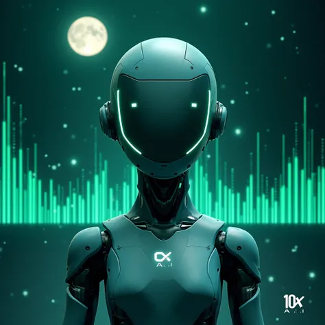 Made NFT with  Logo  " 10X A.I " blue green grey theme , infront view , futuristic its an AI  , in the background real green crypto chart  , Aesthetic style , with a moon 