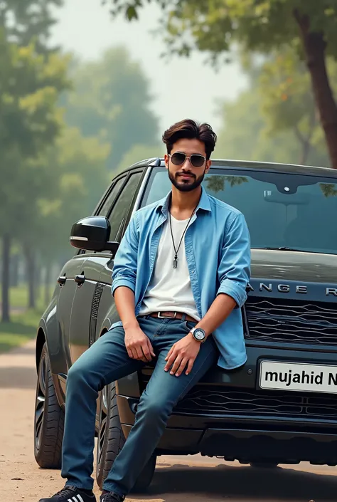 "   in the background of Pakistan's largest park ,   and a 30-year-old wearing a casual sky blue and white shirt,  one relaxed wristwatch ,  luxury glasses , Beautiful medium hair ,  sits on a realistic black Range Rover on the side  , With the name  "muja...