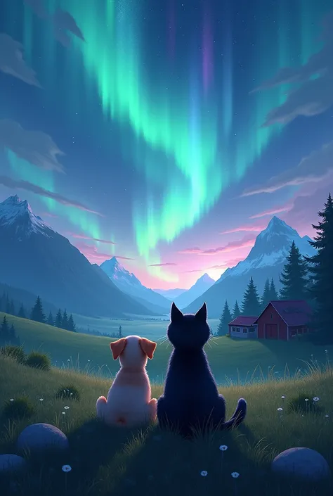 A landscape, with northern lights, Like waves of music ,  a puppy and cat sitting watching those auroras,  with a cute farm on the right side  