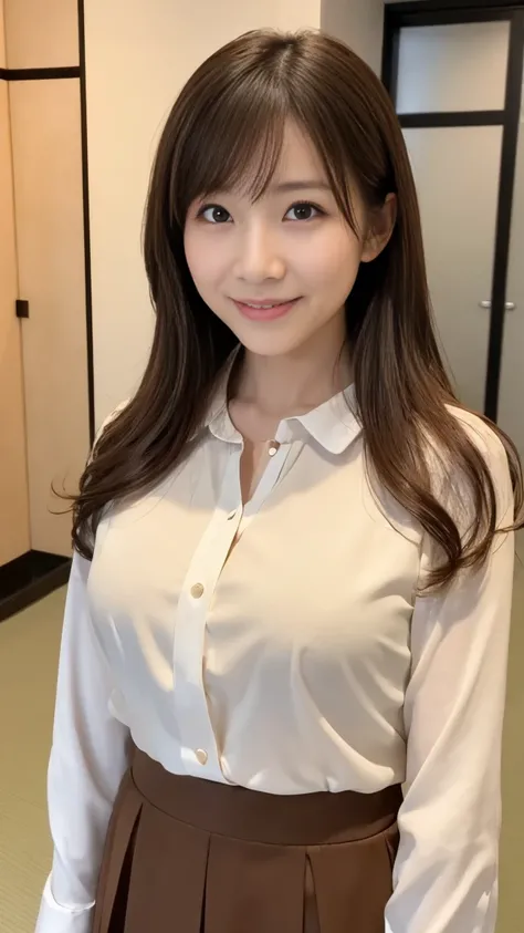 A Japanese shy girl, 40 years old, big brown eyes, bright long hair, sexy smile, long sleeve blouse, skirt, (looking at viewer:1.5), in dark room ,whole body photo, depth of field, UHD, accurate, anatomically correct, textured skin, super detail, high deta...