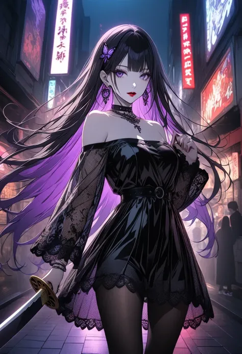  Mibu Shiritoshi

Long-haired straight black hair with purple mesh 。Pity Purple Eyes 。 white skin。 red lips。 Smooth nose muscles 。Sharp impression。 Enchanting Beauty 。 Owner with a Mysterious and Unconventional Atmosphere 。black off-the-shoulder dress。Shee...