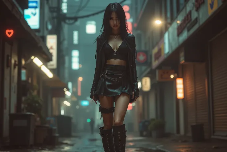 photo of young slender pretty woman in a skirt and boots posing for a picture, cyberpunk 2 0 y. o model girl, seductive cyberpunk dark fantasy, cyberpunk girl, urban fantasy style, beautiful cyberpunk woman model, jet black haired cyberpunk girl, cyberpunk...