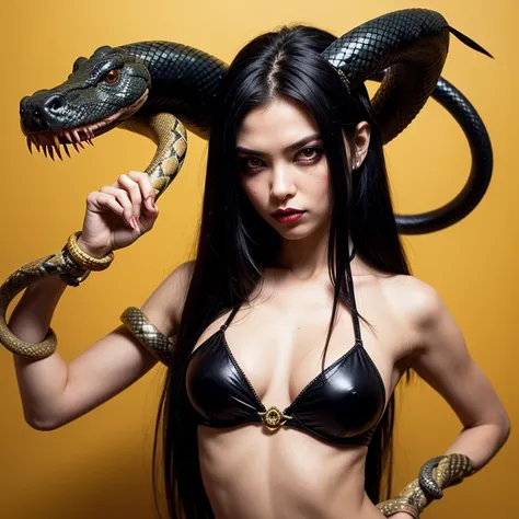 Evil demoness with a head of snake, snakes in her hair, yellow eyes
