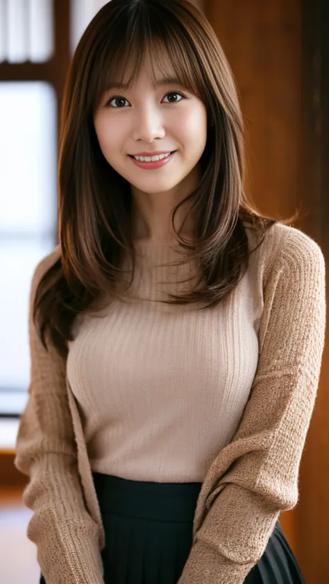 A Japanese shy girl, 40 years old, big brown eyes, bright long hair, sexy smile, long sleeve blouse, skirt, (looking at viewer:1.5), in dark room ,whole body photo, depth of field, UHD, accurate, anatomically correct, textured skin, super detail, high deta...