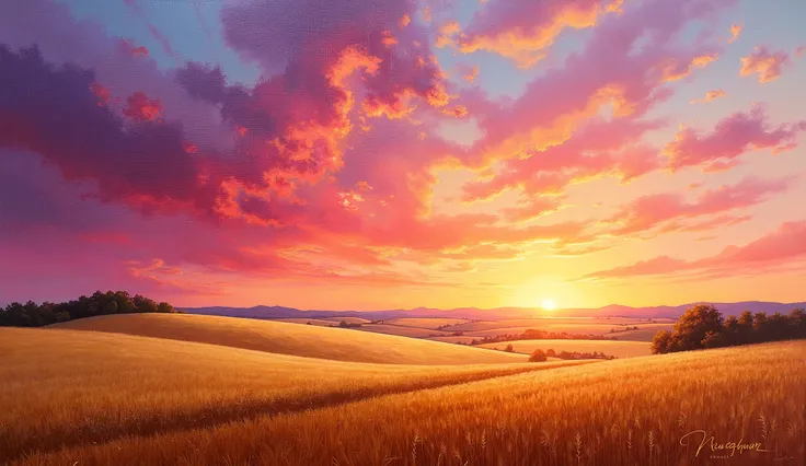 style très abstrait de  Oil paint,  pink orange and purple sunset sky, landscape,  Oil paint, A track on wheat fields.   