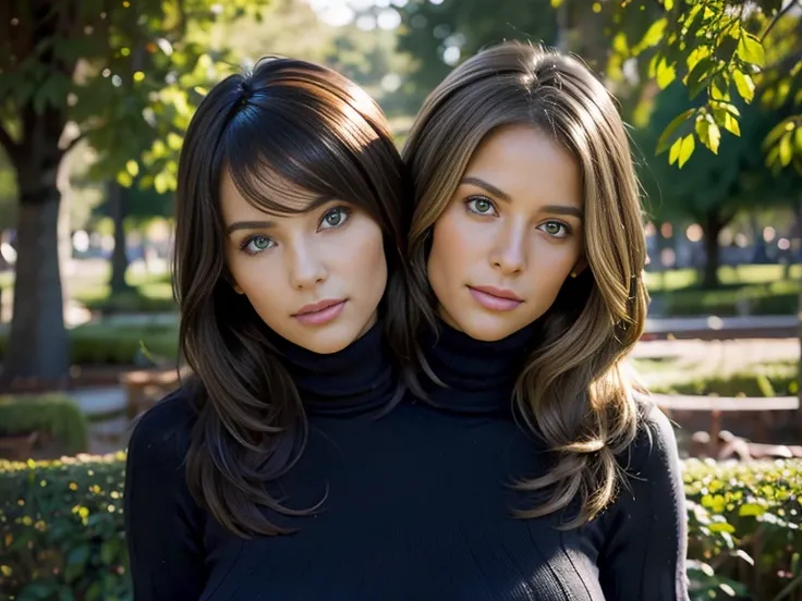 best resolution, half-body shot, ((2heads)), brunette African woman next to blonde german woman, medium layered hair, public garden, wearing turtleneck