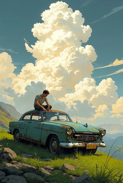 A whole man, lost in thought, sits on the hood of his worn-out car, parked at the top of a windswept hill. (((The sky is a masterpiece of white clouds edged with gold with a gray background))), each with intricate details. Lush green meadows and distant mo...