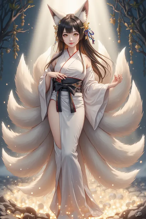 Draw a beautiful and mysterious nine-tailed fox disguised as a human woman. The woman has long, lustrous black, or silvery or golden hair, and her eyes shine gold or amber. They are light and transparent, and emit a soft light. Their kimonos flicker with t...