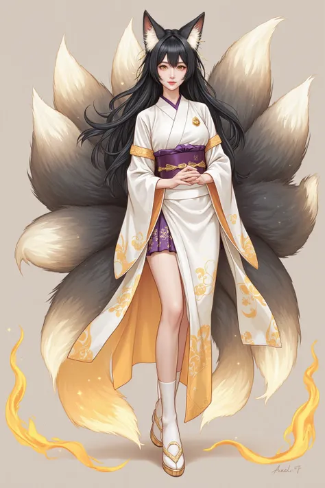 Draw a beautiful and mysterious nine-tailed fox disguised as a human woman. The woman has long, lustrous black, or silvery or golden hair, and her eyes shine gold or amber. They are light and transparent, and emit a soft light. Their kimonos flicker with t...