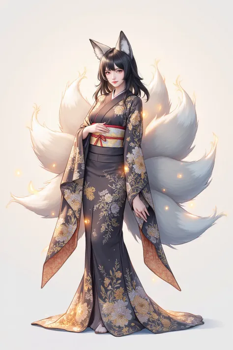 Draw a beautiful and mysterious nine-tailed fox disguised as a human woman. The woman has long, lustrous black, or silvery or golden hair, and her eyes shine gold or amber. They are light and transparent, and emit a soft light. Their kimonos flicker with t...