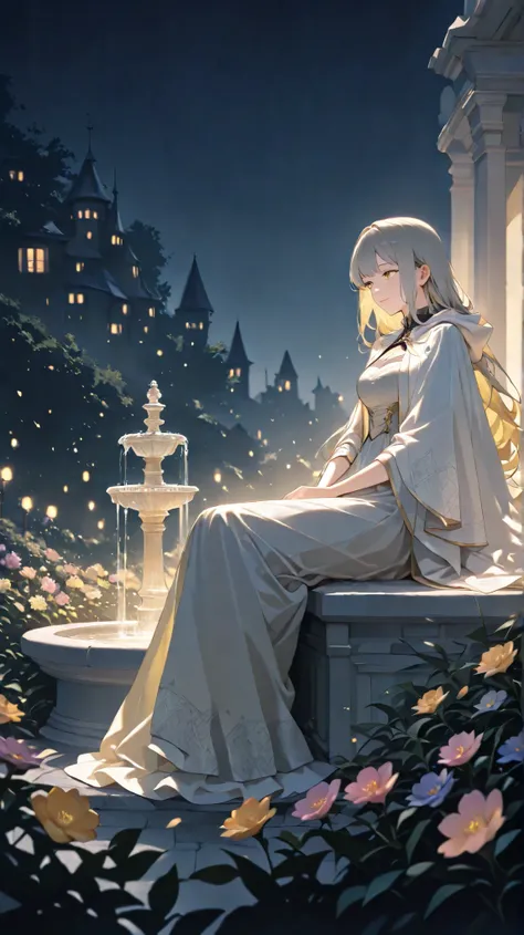  huge _ Very High Resolution ,  high resolution,  masterpiece, recent, 1 female,  long hair, Sitting ,  gray hair , 1 female,  yellow hair, Sitting ,  medieval background castle exterior, late at night, Large garden,  outdoors,  bangs,  pastel colors ,   b...