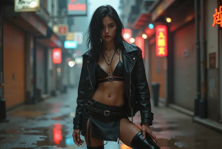 photo of young slender pretty woman in a skirt and boots posing for a picture, cyberpunk 2 0 y. o model girl, seductive cyberpunk dark fantasy, cyberpunk girl, urban fantasy style, beautiful cyberpunk woman model, jet black haired cyberpunk girl, cyberpunk...