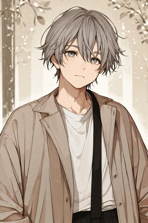  male、 cute、adult、 gray hair、 GREY EYES、 everyday wear、23 years old