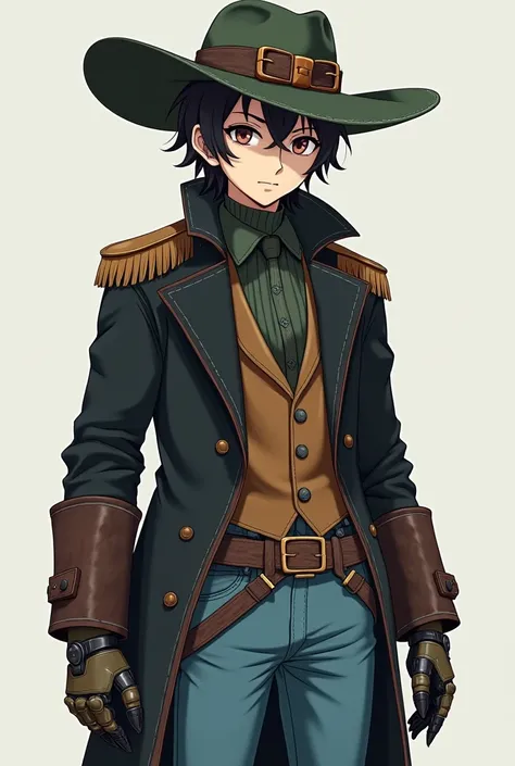 In anime an 18-year-old teenager who measures 1.90 m_______ with wide-brimmed green brown denim hat with Steampunk _________  with a serrated black strench coat with leather belt and on top of that a larger captain coat with shoulder pads in general sapphi...