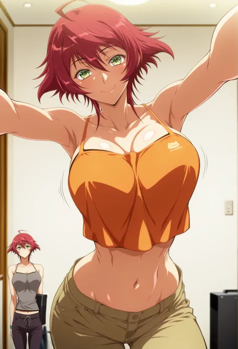 masterpiece, best quality, newest, highres, uncensored, 1girl, yokota mamoru style,motion lines,Very straight nose，slim,slender face,perfect nose,looking at the viewer,smile,Yurine,red hair, short_hair, green eyes, ahoge,tank top, pants,navel