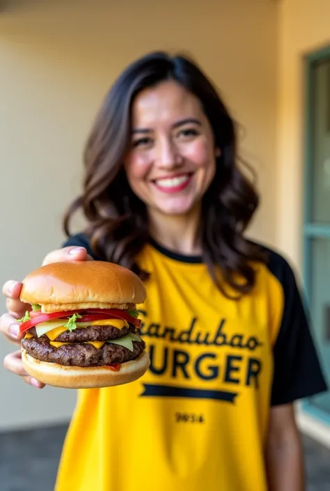 A woman wearing a yellow and black t-shirt written Sandubao Burguer holding a hamburger and smiling 