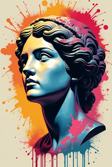 Terpsichore goddess art school statue head in three quarters pop art style print splashes of paint