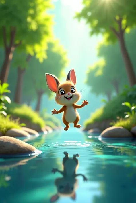 3D Pixar-style, a playful rabbit named Mannu jumping joyfully near a crystal-clear flowing river in a lush, vibrant green forest. The rabbit is small, fluffy, and has expressive eyes filled with curiosity. The sunlight filters through the dense leaves, cre...