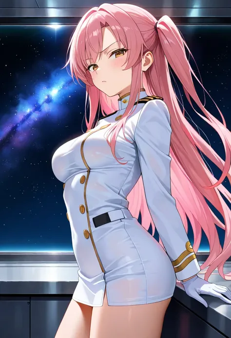 masterpiece, best quality, amazing quality, 1girl, solo,from side,cowboy shot, looking at viewer, pink hair,one side up, very long hair,brown eyes, disdain,medium breasts, naval uniform, naval dress uniform, long sleeves,white gloves,indoor, night, space,